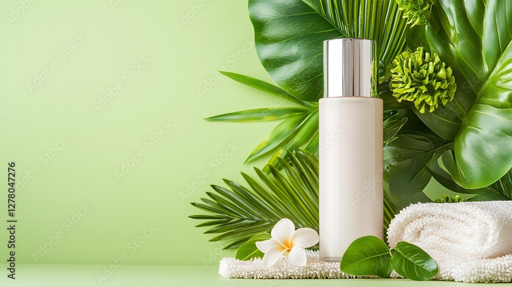 Poster a soft focus mattifying primer bottle is placed on a beach towel surrounded by tropical leaves creat
