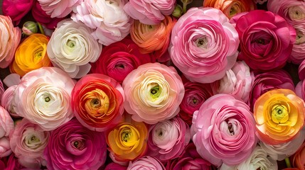 Fototapeta premium Overhead aerial view of lush ranunculus blooms with intricate petals and vibrant hues in a sunlit garden setting.