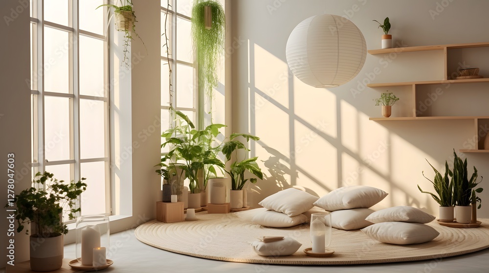 Poster serene and tranquil minimal meditation room design with plush floor cushions soft ambient lighting a