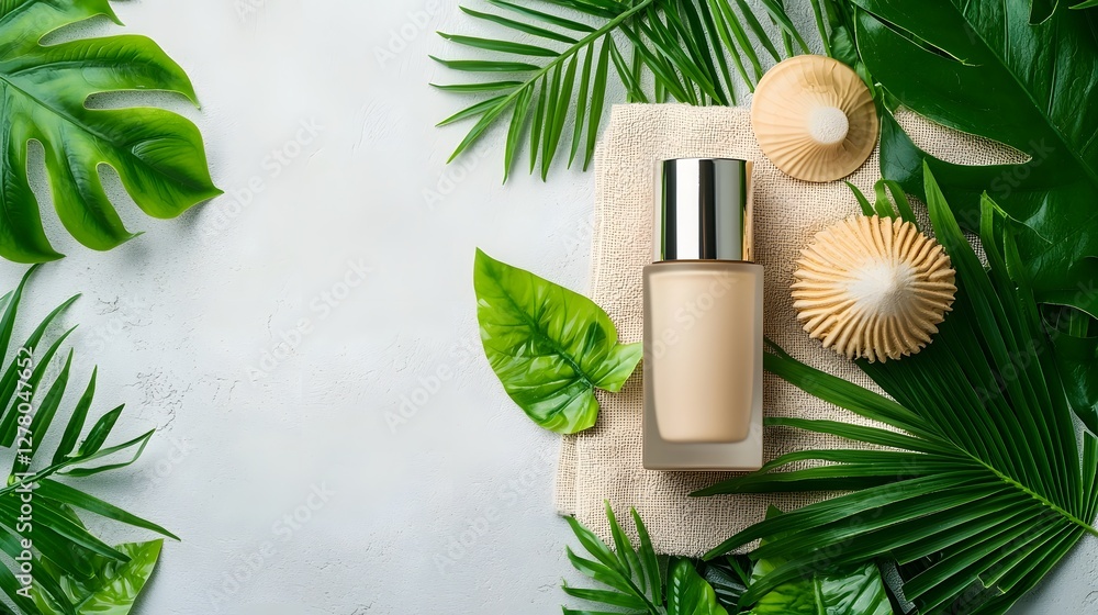 Poster soft focus image of a mattifying primer bottle placed on a beach towel surrounded by tropical leaves
