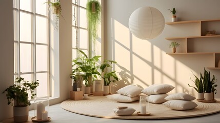 Serene and Tranquil Minimal Meditation Room Design with Plush Floor Cushions Soft Ambient Lighting and Soothing Greenery for a Calming and Contemplative Space