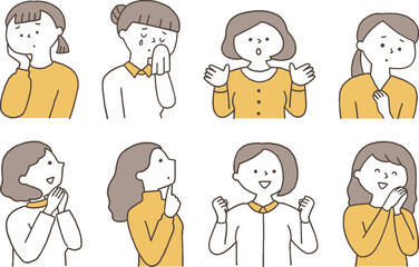 色々な表情の若い女性セット単色