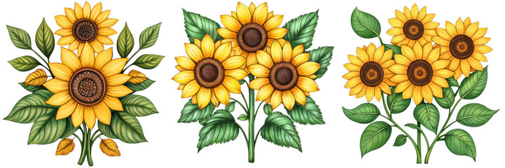 Naklejka premium A vibrant collection of sunflowers surrounded by lush green leaves, showcasing their bright yellow petals and rich brown centers.