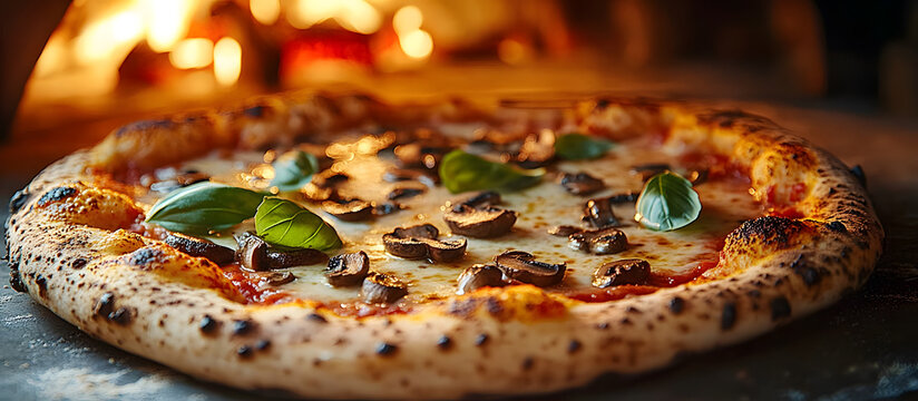 Authentic Neapolitan pizza baked in a wood-fired oven with mushrooms and fresh basil featuring a blank area for promotional text