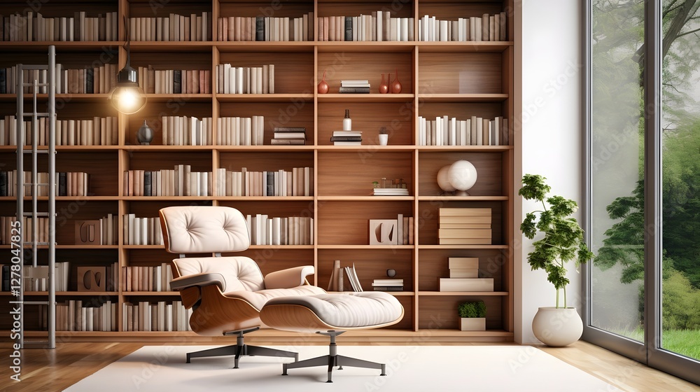 Aufkleber cozy and inviting minimalist home library with built in wooden bookshelves and comfortable reading c