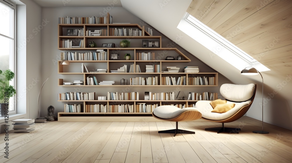 Poster serene and inviting minimalist home library interior with built in wooden bookshelf and comfortable 