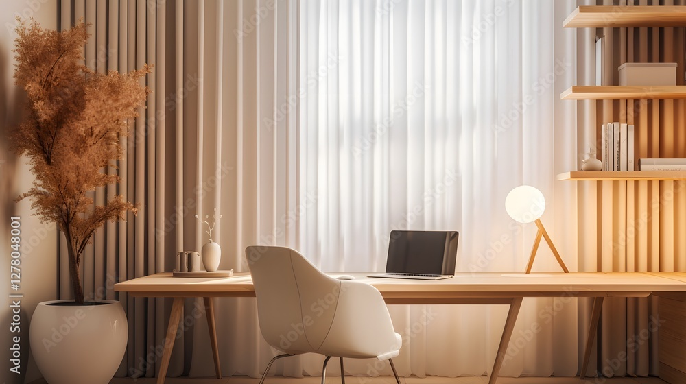 Poster elegant and minimalist home office setup with soft lighting a cozy and productive workspace with woo