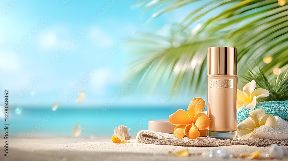 Poster Closeup of a glowing waterproof foundation bottle with SPF placed on a soft beach towel with golden sand in the background providing copy space for text or branding