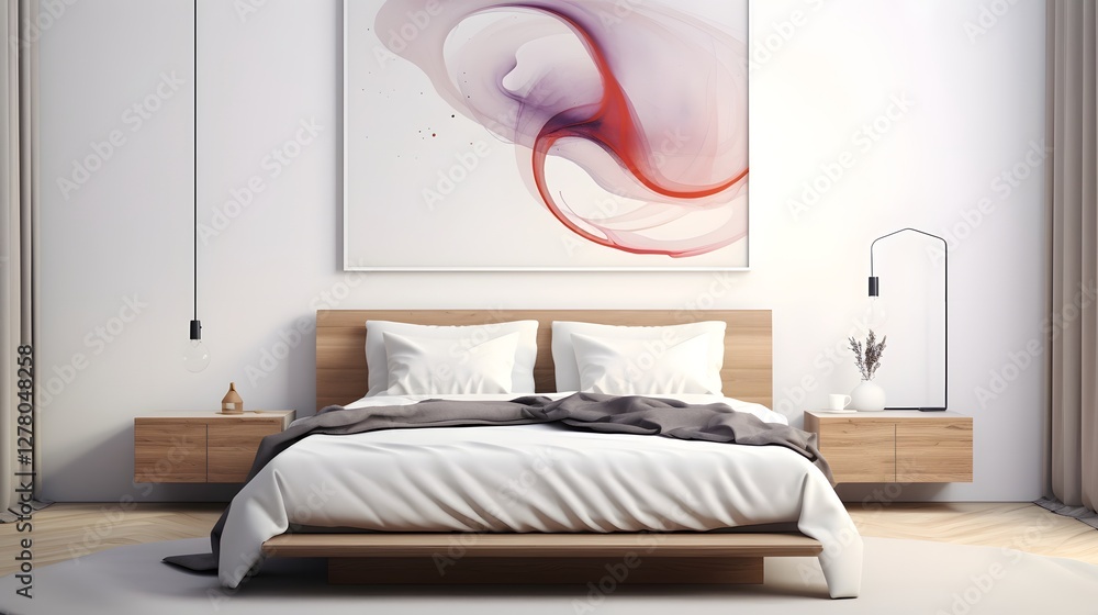 Aufkleber a tranquil minimalist bedroom featuring soft inviting white bedding and a single piece of artwork cr