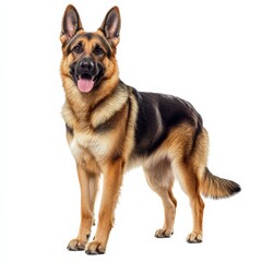 Beautiful German Shepherd with Tongue Out Standing Proudly on White Background, a Portrait.