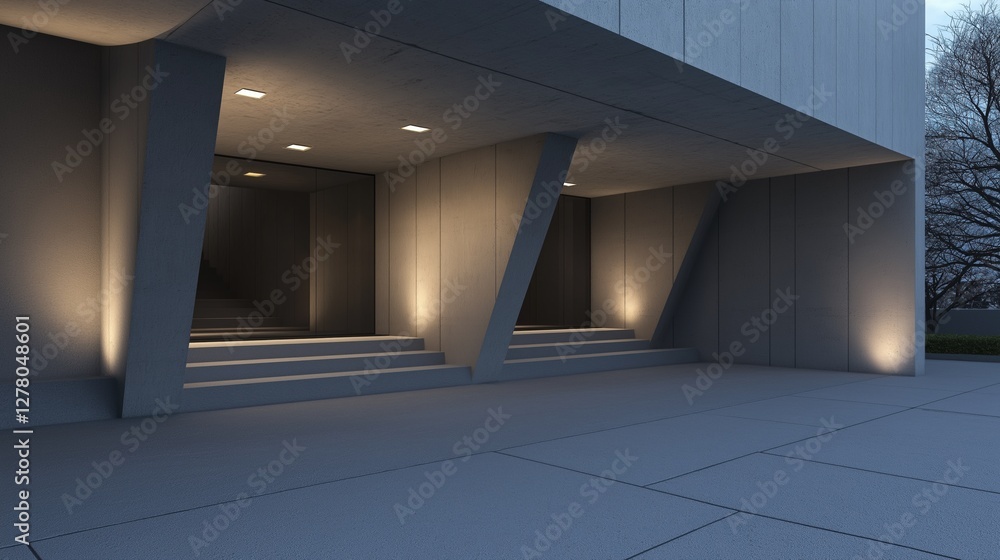Poster the entrance of a modern building at night. the building has a concrete facade with a triangular sha