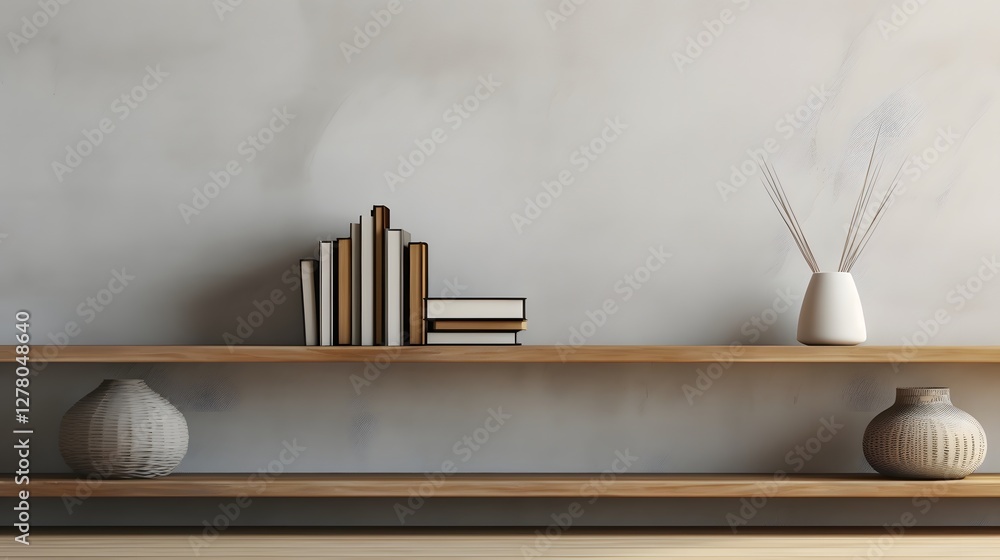 Aufkleber stylish minimalist wall shelf with neatly arranged books vases and other decorative items creating a