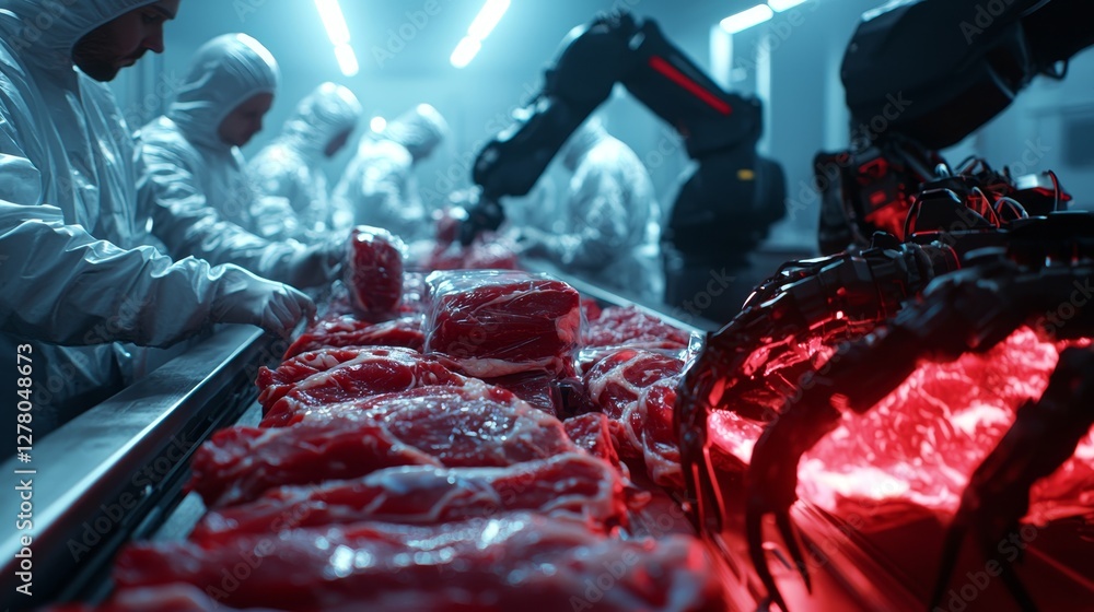 Poster futuristic meat processing: robots and workers in sterile environment