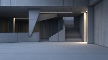 Empty room with a modern and minimalist design. the room has a concrete floor and walls, and the ceiling is made up of dark grey panels.