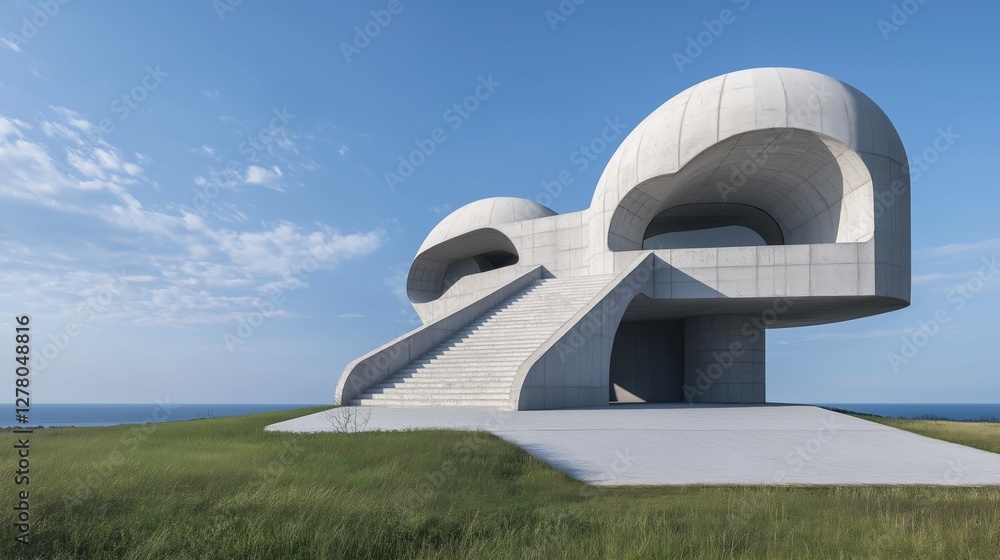 Poster modern architectural structure on a grassy hill overlooking the ocean. the structure is made of conc