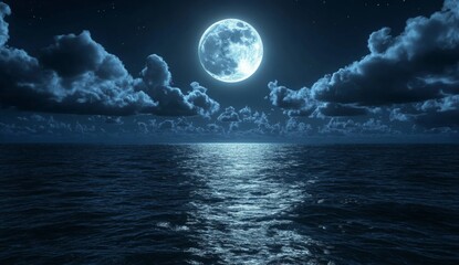 Full moon reflecting on calm ocean at night