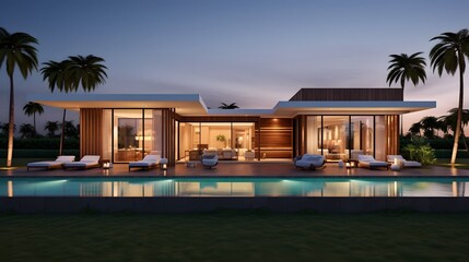Fototapeta premium Breathtaking Modern Minimalist Villa with Seamless Indoor Outdoor Living Spaces and Harmonious Connection to Nature