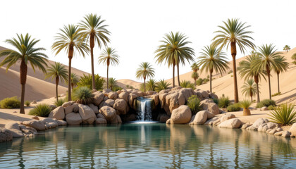 Oasis Waterfall Serenity Desert Palm Trees Pool Rocks and Cascading Water