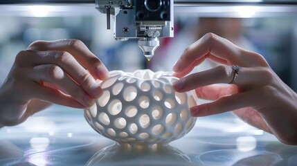 Close-up of engineering students' hands adjusting the 3D printer as it prints an intricate prototype of a mechanical design.

