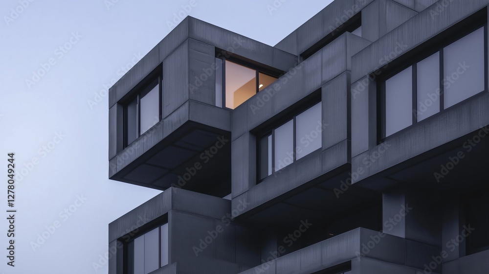Poster close-up of a modern building with a geometric design. the building appears to be made of concrete o