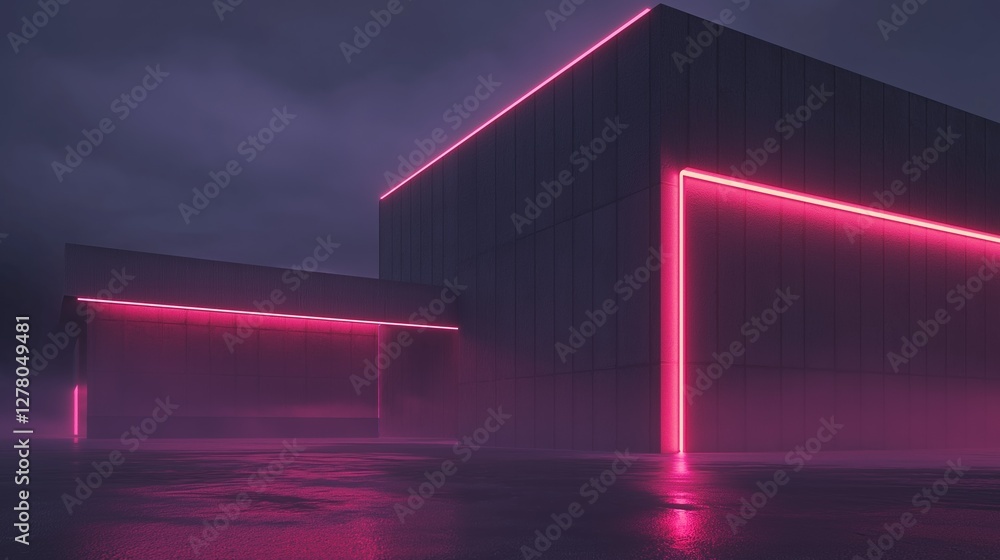 Poster modern building with a triangular shape. the building is made of concrete and has a dark grey exteri