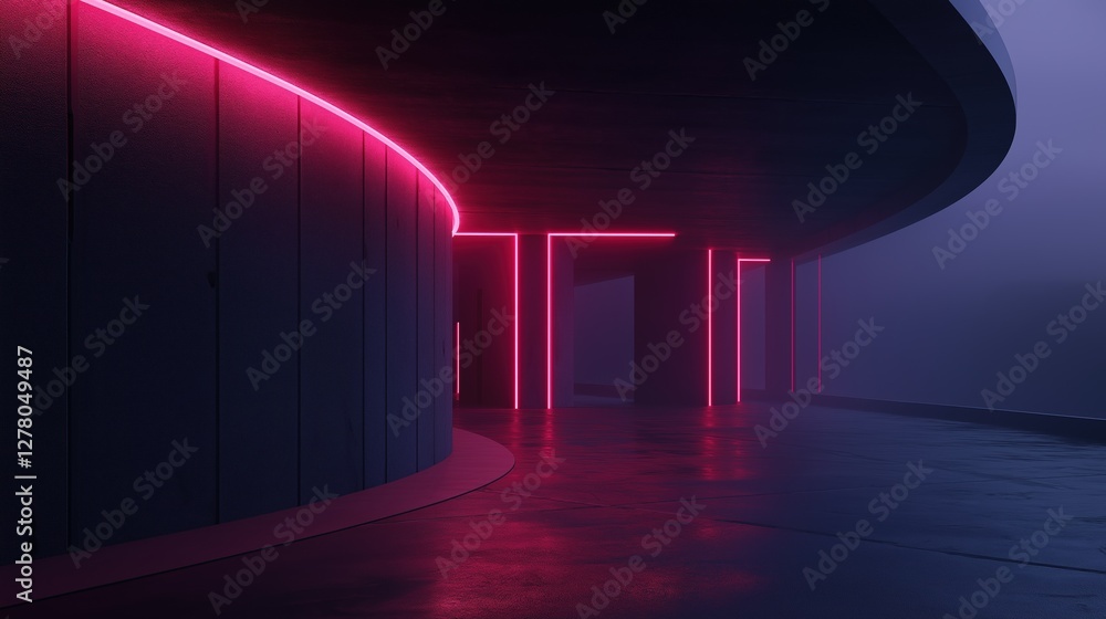 Poster empty room with a curved ceiling. the walls are made of dark grey panels and the floor is made of co