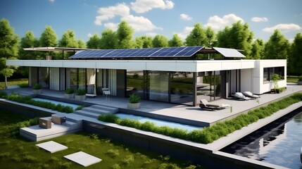 Obraz premium Sustainable and Minimalist Home Design with Solar Panels on the Roof and Lush Green Spaces Surrounding the Property Representing an Eco Friendly and Energy Efficient Lifestyle