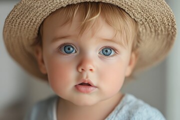 Sweet baby with blue eyes and straw hat gazing curiously at the world indoors during a sunny afternoon