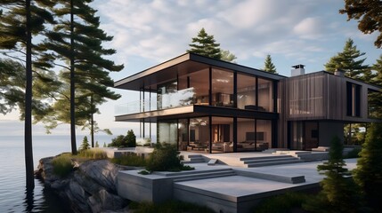 Naklejka premium Luxurious and contemporary minimalist style waterfront home featuring floor to ceiling glass windows providing ample natural light and serene views of the surrounding landscape and water