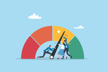 Performance rating, risk management or employee survey score, evaluation or grade assessment, employee engagement, credit score, productivity concept, business people help push measuring gauge scale.