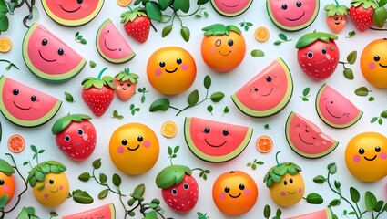 Cheerful Cartoon Fruits Pattern with Smiley Faces on White Background, Playful Flat Lay Composition for Kids Fabric Design, Cute Spring Theme for Children's Wallpaper