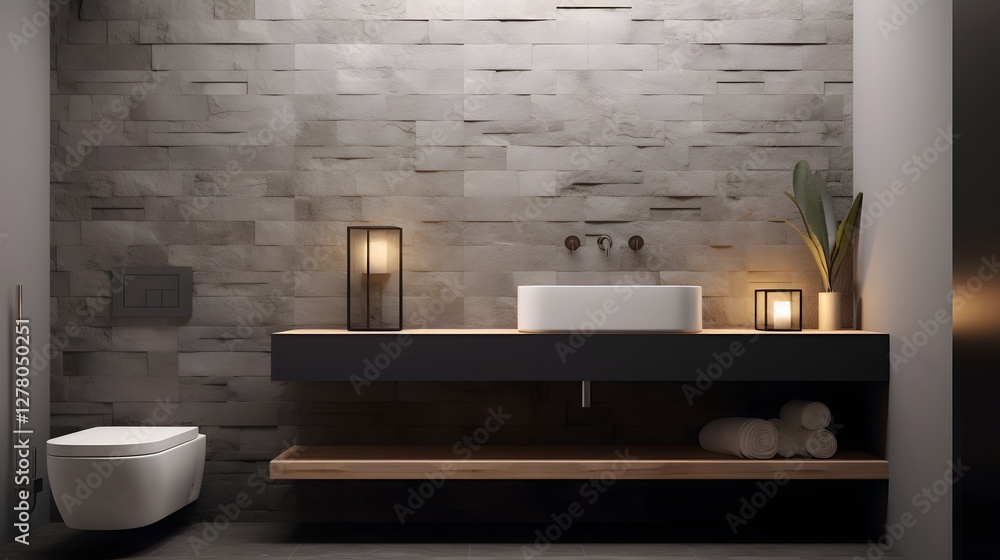 Poster a serene and minimalist bathroom design featuring soft gray stone textures and subtle ambient lighti