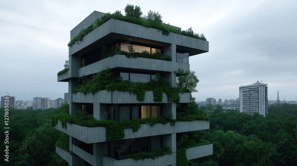 Poster tall, modern building with a unique architectural design. the building is made of concrete and has m