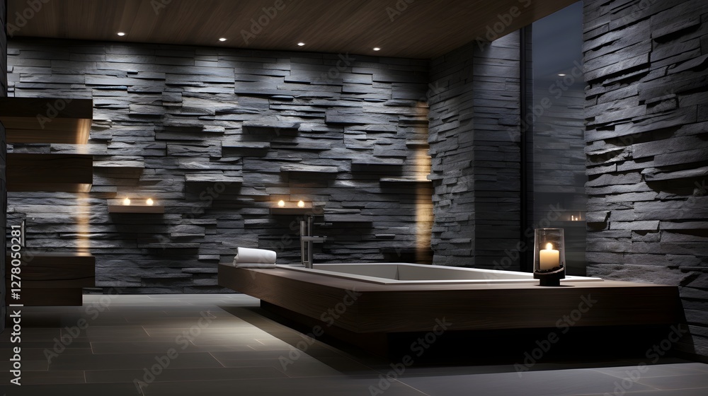 Poster serene and minimalist bathroom design with soft gray stone textures and subtle lighting creating a c