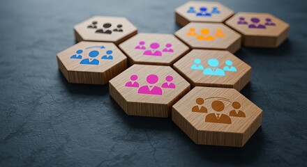 A close-up, hyperrealistic image of a honeycomb pattern of wooden hexagons. Each hexagon features a stylized person icon, with different colors used for the icons .