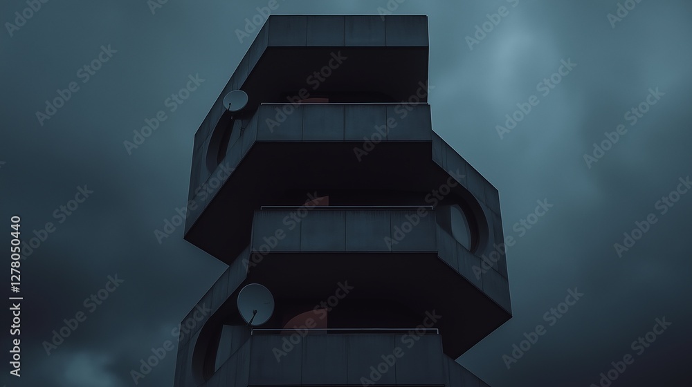 Poster photograph of a tall, modern building with a dark, cloudy sky in the background. the building appear