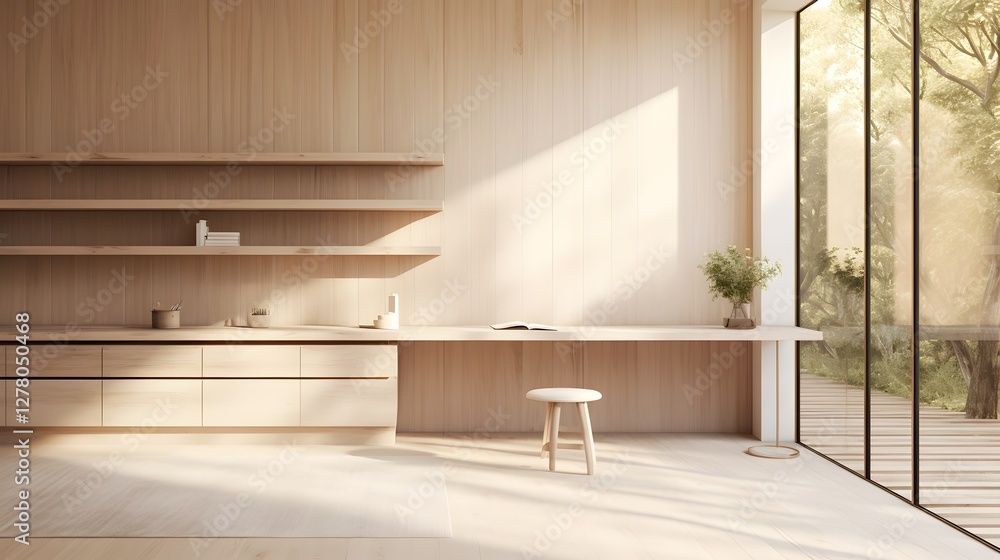 Poster a serene and harmonious office environment featuring a minimalist design with a calming neutral colo