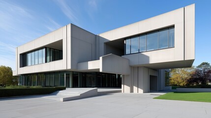 Modern, two-story building with a minimalist design. the building is made of white concrete and has large windows on both sides, allowing natural light to enter the space.