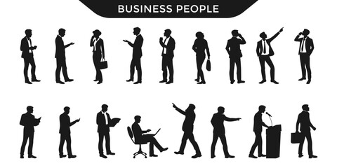 Collection of business people silhouettes in various professional poses, including talking, presenting, and working. Ideal for corporate, office, and business-related designs.