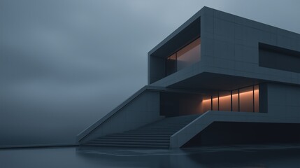 Obraz premium 3d rendering of a modern building with a minimalist design. the building is made of concrete and has a triangular shape with a flat roof.
