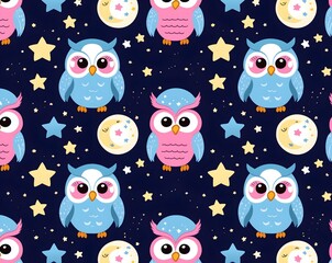 Cute Cartoon Owls and Stars Seamless Pattern on Dark Blue Background, Playful Symmetrical Composition for Kids Fabric, Whimsical Spring Motif for Children's Bedding