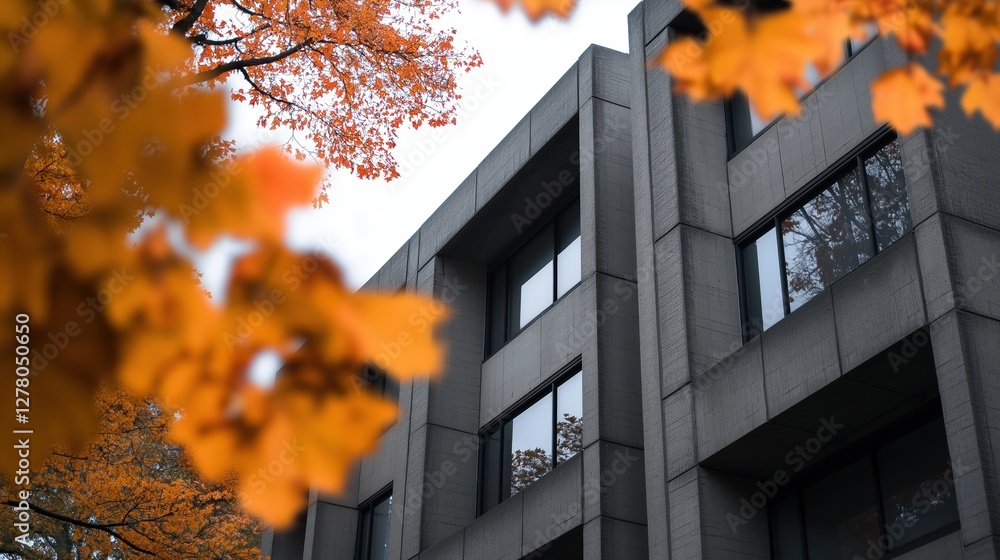 Poster close-up of a modern building with a gray exterior. the building appears to be made of concrete or s