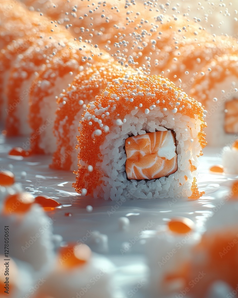 Poster delicious sushi rolls with salmon and tobiko, elegantly displayed in a creamy white sauce, with a sp