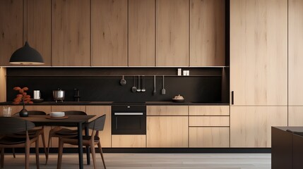 Cozy and Minimalist Modern Kitchen with Warm Wooden Accents and Sleek Countertops Creating a Sophisticated and Inviting Culinary Space