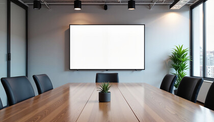 A professional meeting room mockup featuring a blank whiteboard screen and stylish decor. The perfect setting for presenting corporate branding, business materials, or educational content