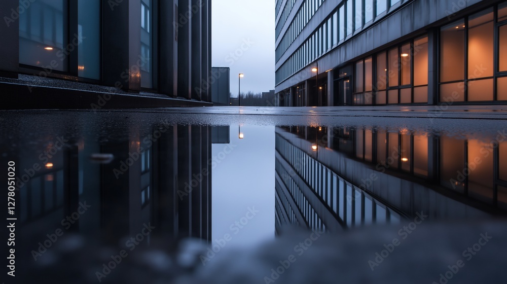 Poster photograph of a modern building with a puddle of water in front of it. the building appears to be a 