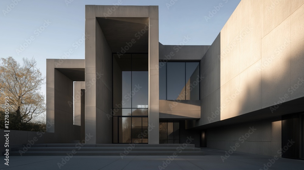 Aufkleber modern, minimalist building with a minimalist design. the building is made of concrete and has a con