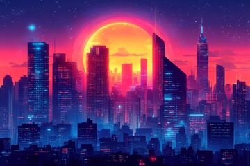 Fototapeta premium city skyline with a giant sun in the background.