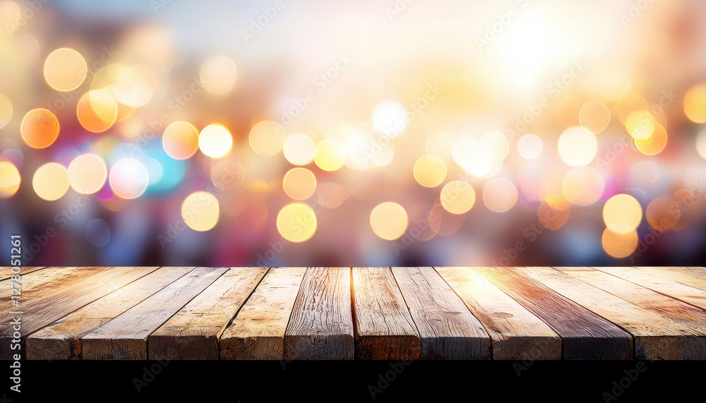 Poster wooden table surface with blurred background of colorful bokeh lights creates warm and inviting atmo