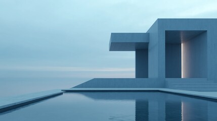 3d rendering of a modern architectural structure with a pool in the foreground. the structure is made of concrete and has a minimalist design.